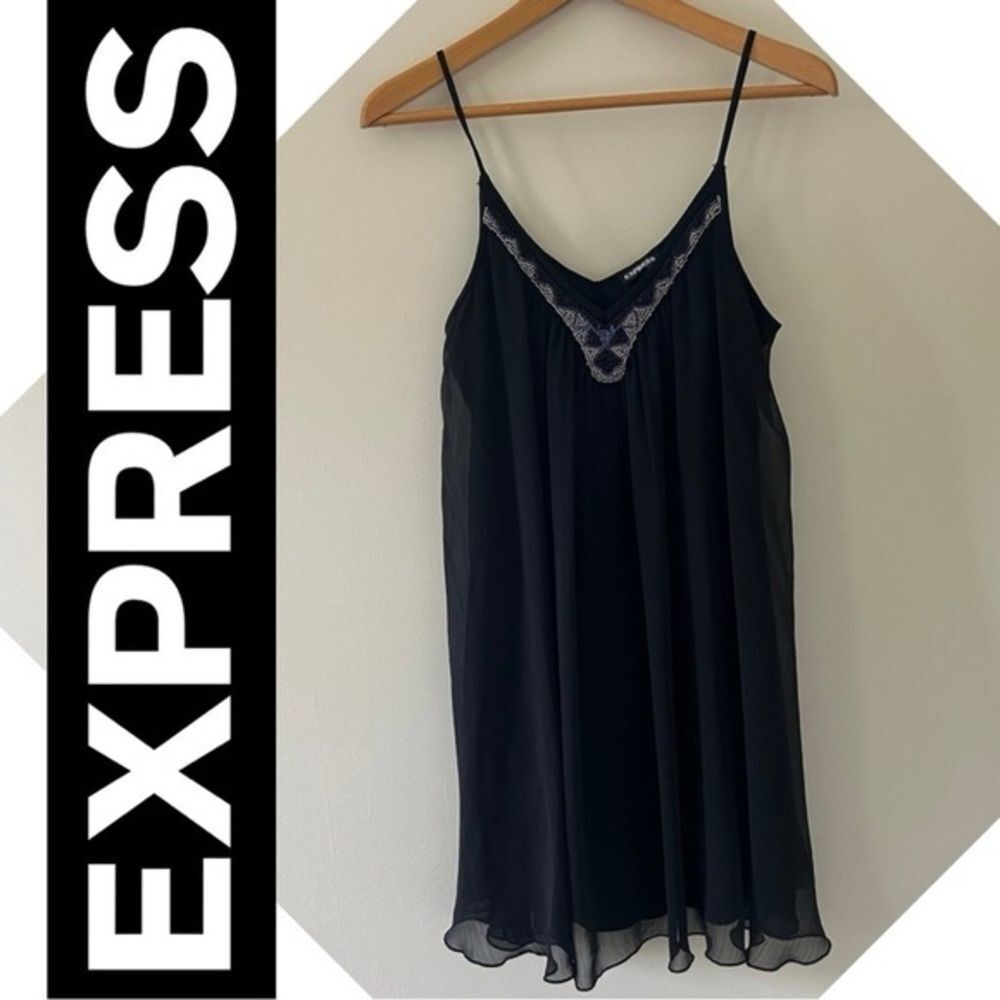 Express Sheer Black Flowy Spaghetti Strap Dress Beaded Neckline Women's M